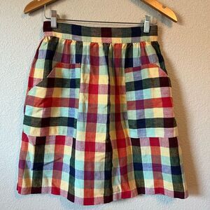 Vintage linen rainbow multicolor Plaid high waist A-Line Skirt w/ Front Pockets